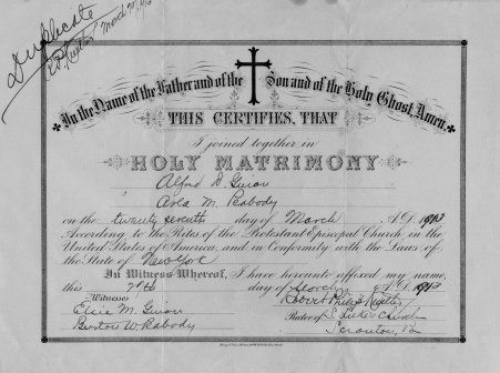 Certificate of Marriage Alfred Duryee Guion Arla Mary Peabody