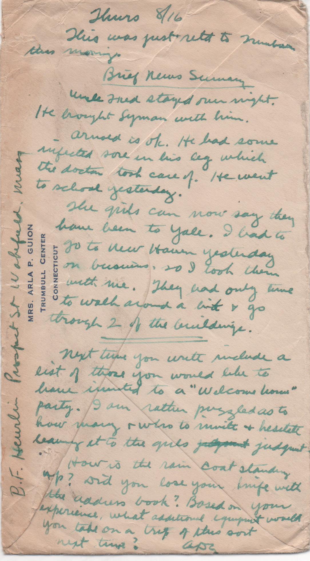 CDG - Lost letter (Note) - July 30, 1934