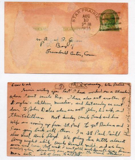 CDG - Ced's postal to Grandpa, Aug., 10, 1934