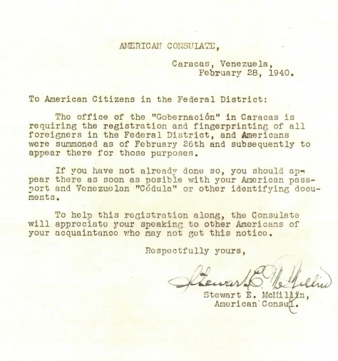 APG - American Consulate in Venezuela - request to register - February, 1940